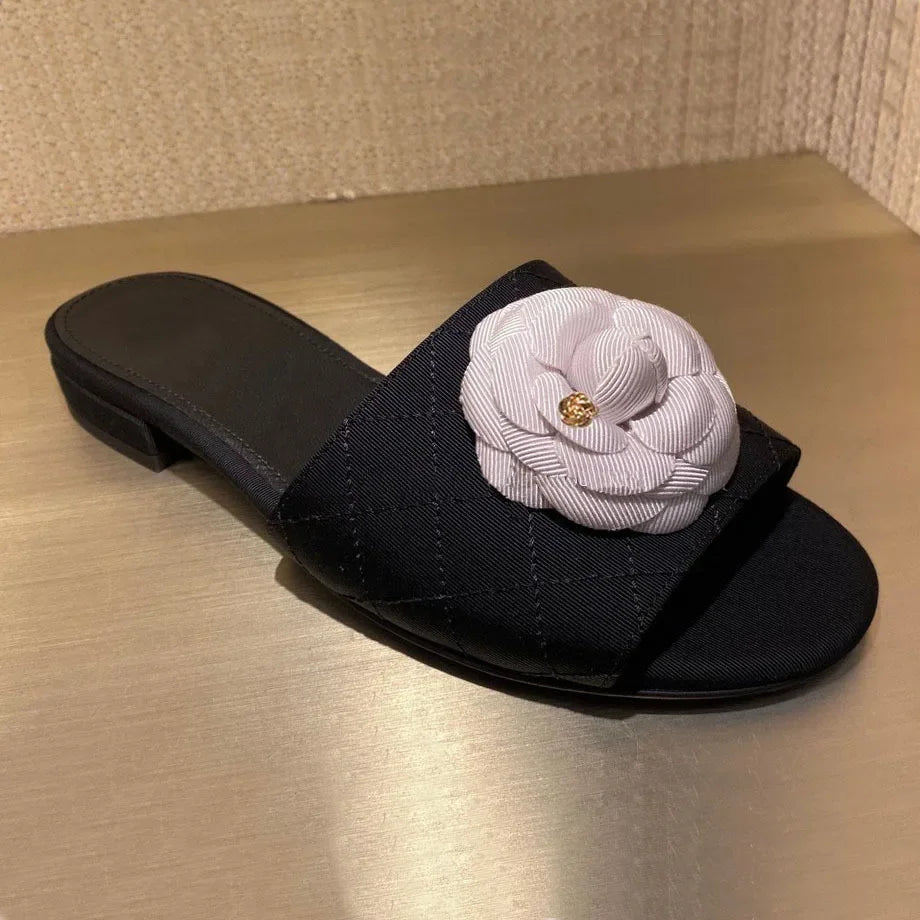 High End Luxury Flower Slippers Women Camellia Shoes Open Toe Slides Femme Outside&Home Pantuflas Sandals Ladies Flip Flops