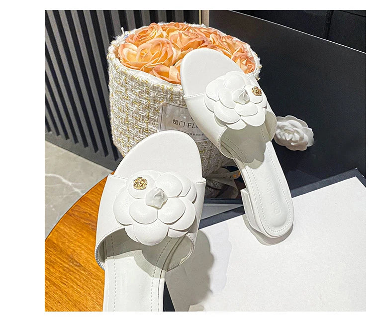 High End Luxury Flower Slippers Women Camellia Shoes Open Toe Slides Femme Outside&Home Pantuflas Sandals Ladies Flip Flops