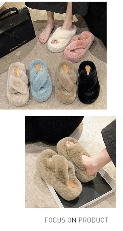 Woman Furry Ladies Faux Fur Luxury Fluffy Plush Slipper House Fuzzy Girl Platform Indoor Flat Casual sandals Round Toe Winter