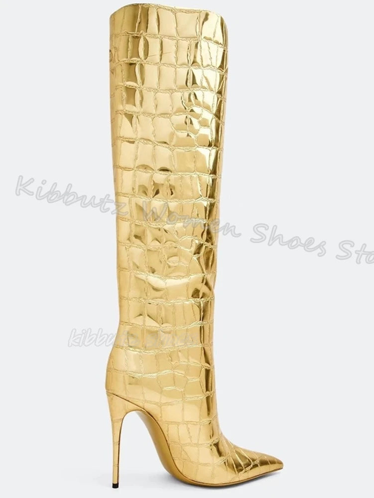 Zebra Print Knee High Boots Genuine Leather Mixed Color Slip-On Elegant Concise Fashion Women Shoes New Pointed Toe Thin Heels