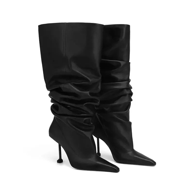 European and American Autumn and Winter High-heeled Knee Length Pleated Boots, Fashionable Pointed Sleeve, Plus Size for Women