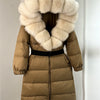 Long Winter Coat. Real Big Fox Fur Collar Belt Loose Puffer