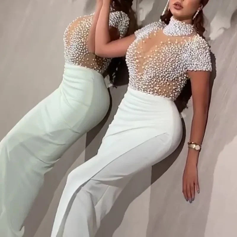 White Sheer Mesh  Pearl Elegant Lady's Evening Gown