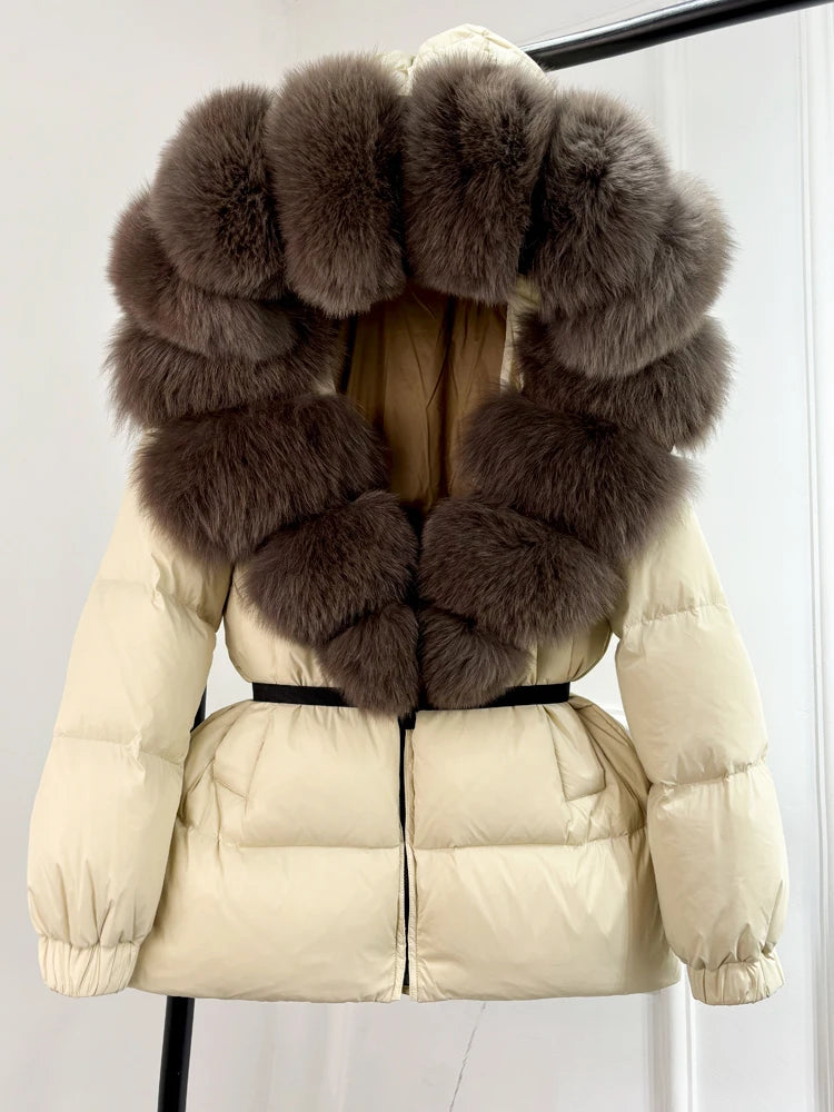 Real Fox Fur Puffer Hooded Coat. Thick Warm Waterptoof