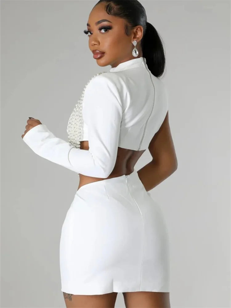 Waist and Back Exposed White Sexy Pearl Pendant Slim Dress