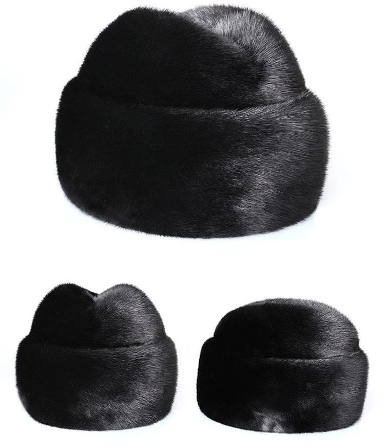 Winter Thickened Genuine Mink Fur Bomber Hat For Man Black/Brown Tag Elderly Ear Warm Chapeau Motorcycle Russian Style Mink Caps