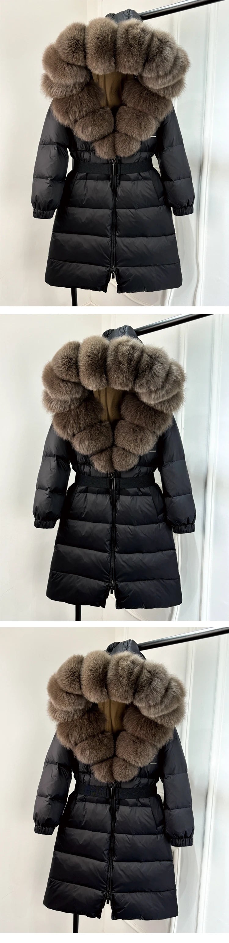 Long Winter Coat. Real Big Fox Fur Collar Belt Loose Puffer