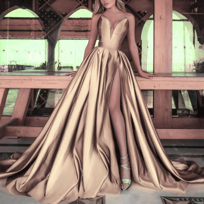 Gold Evening Dress Satin Sleeveless Off The Shoulder Split Bridal Ball Gowns
