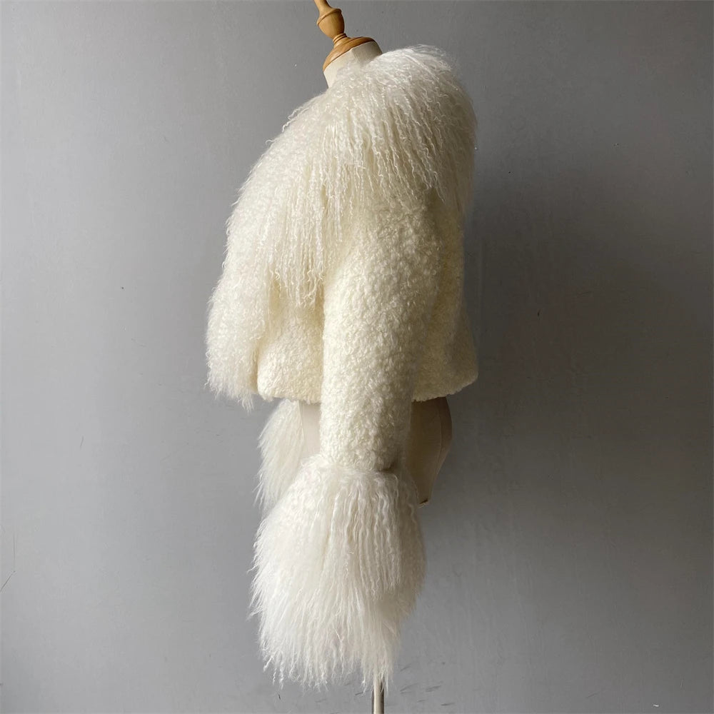 Jxwatcher Wool Coat for Women Real Mongolian Fur Collar Cuffs Winter Fashion Solid Color Tweed Cropped Jacket Fall New Arrival