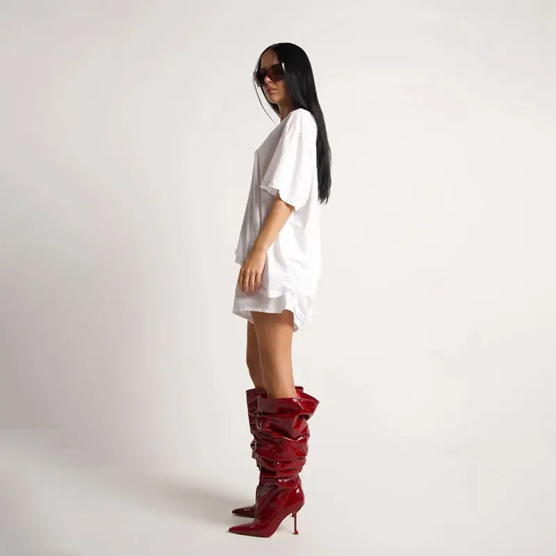 European and American Autumn and Winter High-heeled Knee Length Pleated Boots, Fashionable Pointed Sleeve, Plus Size for Women