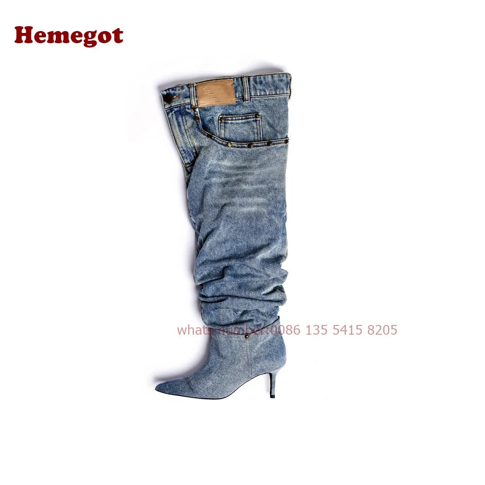 Denim Pants Boots Pointy Toe Pleated Over The Knee Boots for Women Winter 2024 Casual Rivet Pocket Decor Patchwork Luxury Shoes