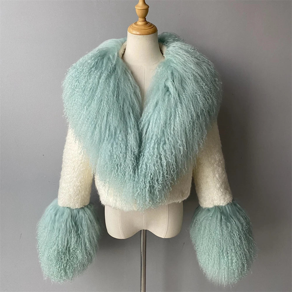 Jxwatcher Wool Coat for Women Real Mongolian Fur Collar Cuffs Winter Fashion Solid Color Tweed Cropped Jacket Fall New Arrival