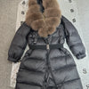 Long Winter Coat. Real Big Fox Fur Collar Belt Loose Puffer