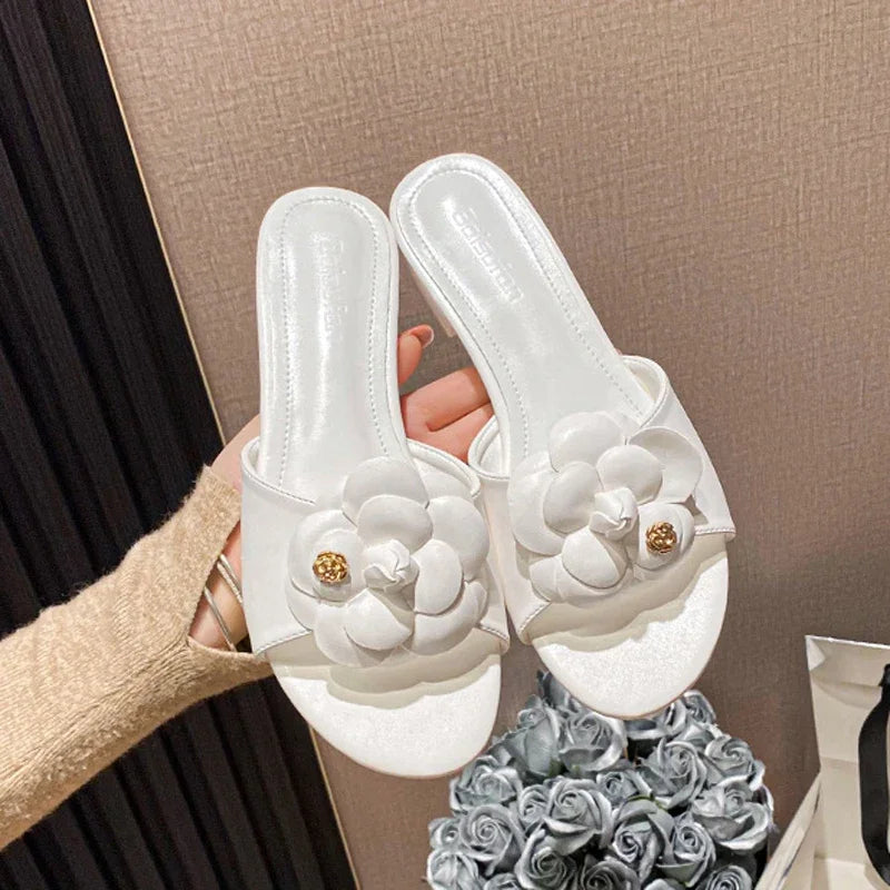High End Luxury Flower Slippers Women Camellia Shoes Open Toe Slides Femme Outside&Home Pantuflas Sandals Ladies Flip Flops