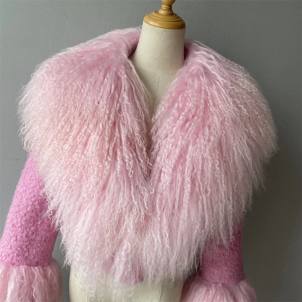 Jxwatcher Wool Coat for Women Real Mongolian Fur Collar Cuffs Winter Fashion Solid Color Tweed Cropped Jacket Fall New Arrival