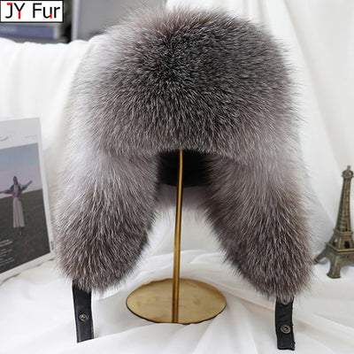 100% Real Silver Fox Fur Bomber Hat Raccoon Fur Real Leather