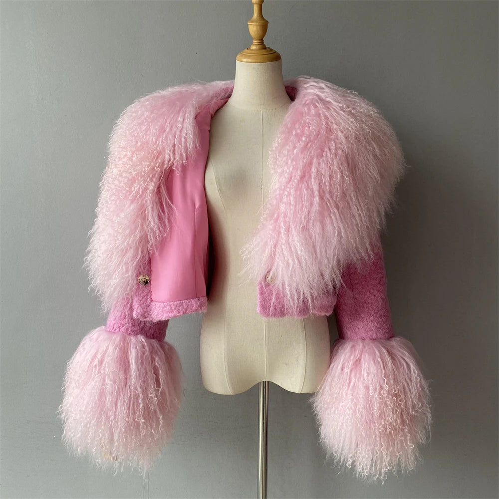 Jxwatcher Wool Coat for Women Real Mongolian Fur Collar Cuffs Winter Fashion Solid Color Tweed Cropped Jacket Fall New Arrival