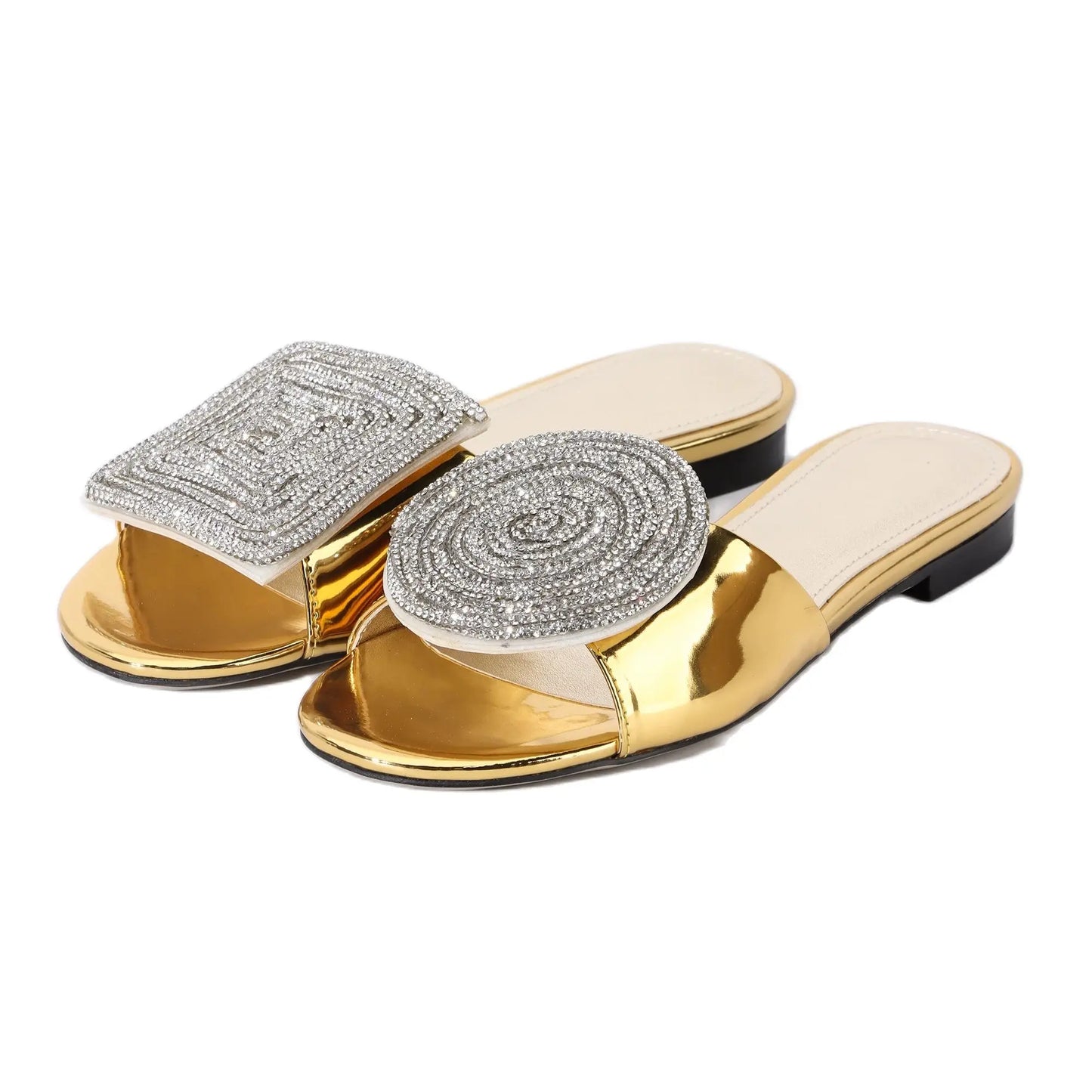 Fashion Design Women Flat Sandals 2023 Summer High Quality Women Gold Rhinestone Modern Slippers For Wedding Dress Party Shoes