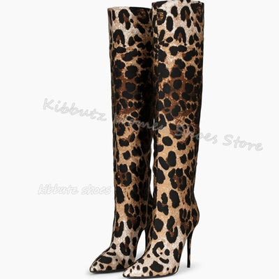 Zebra Print Knee High Boots Genuine Leather Mixed Color Slip-On Elegant Concise Fashion Women Shoes New Pointed Toe Thin Heels