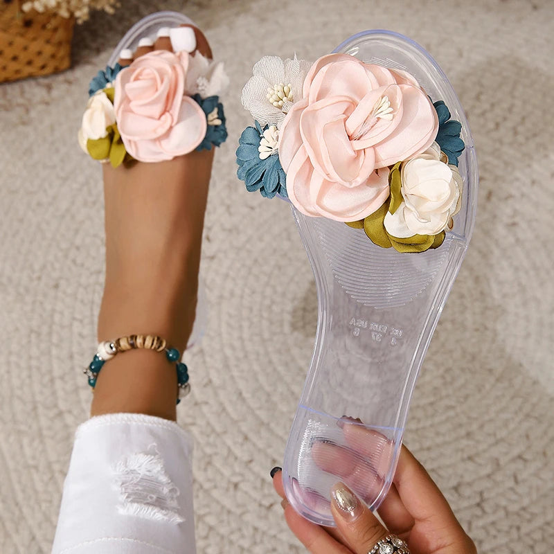 Women's Flower Flat Slippers New Summer Female Beach Shoes Fashion Open Toe Casual Slides Shoes for Women Outdoor Ladies Sandals