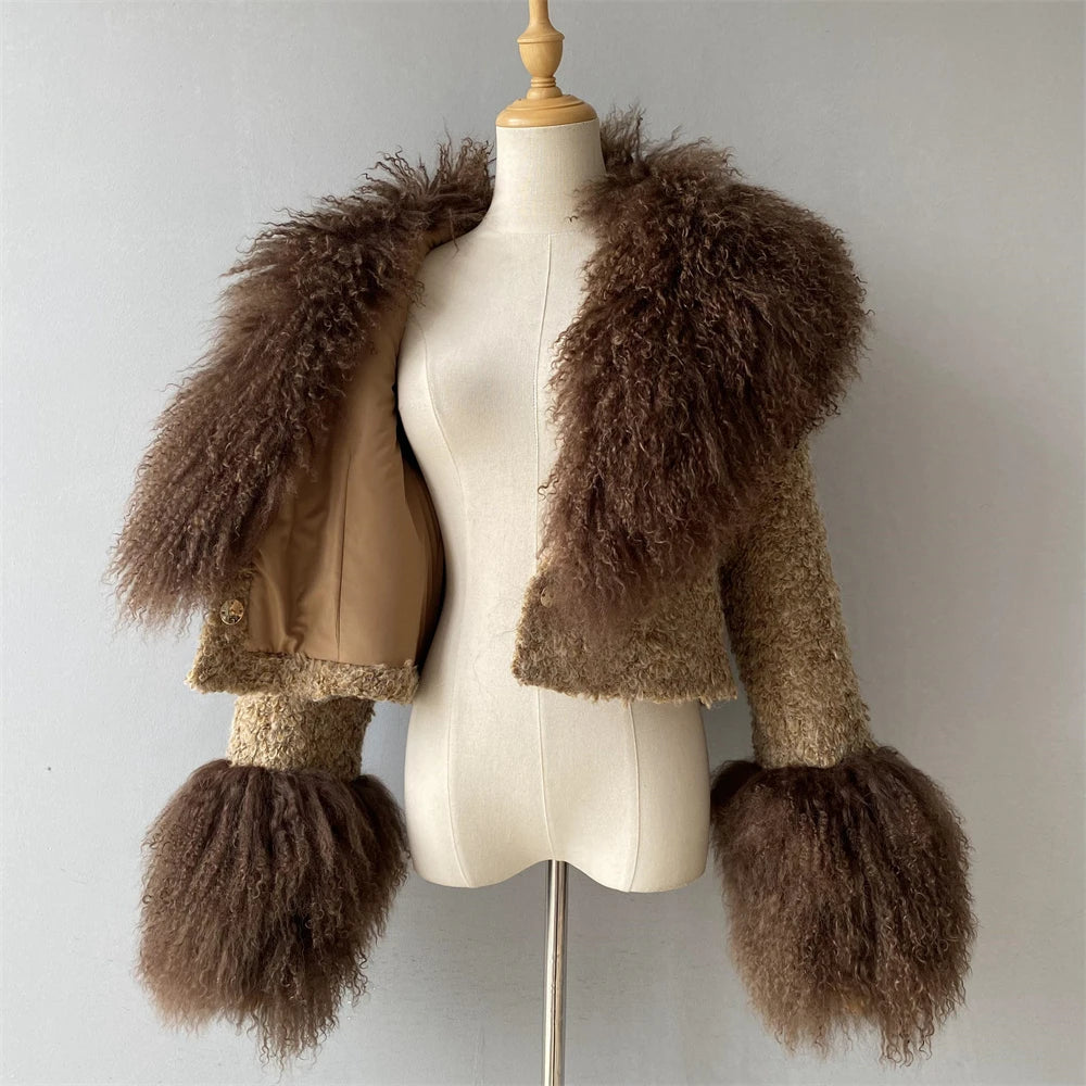 Jxwatcher Wool Coat for Women Real Mongolian Fur Collar Cuffs Winter Fashion Solid Color Tweed Cropped Jacket Fall New Arrival