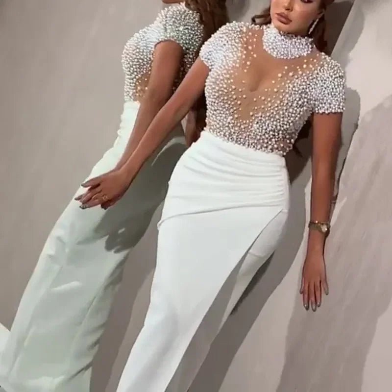 White Sheer Mesh  Pearl Elegant Lady's Evening Gown