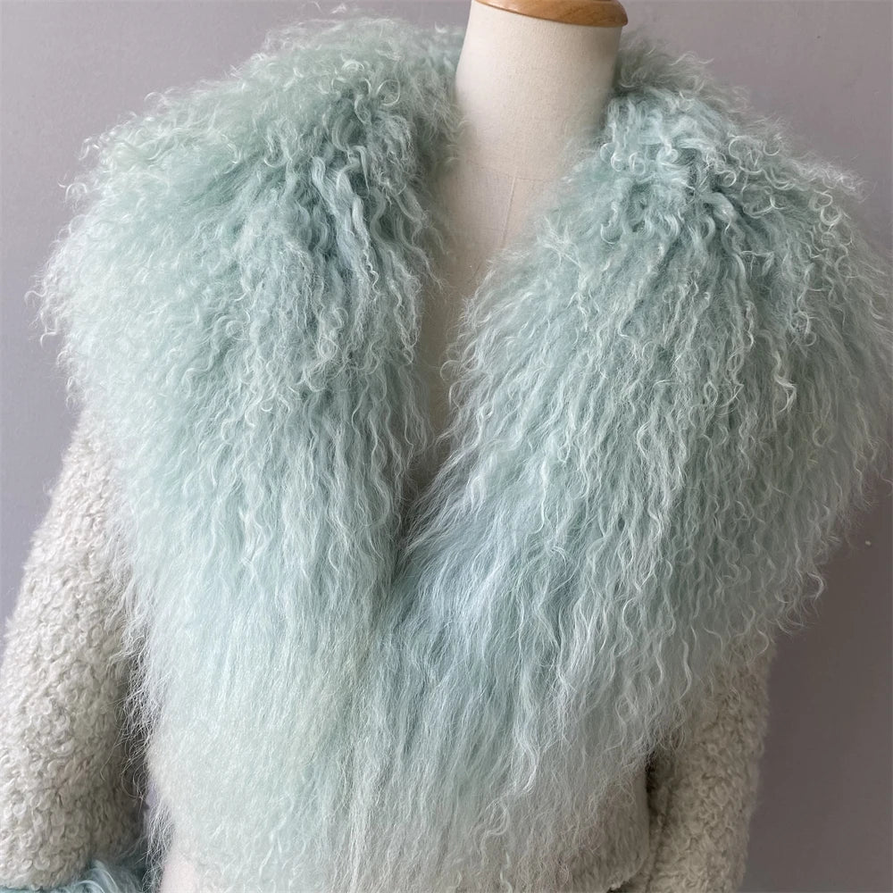 Jxwatcher Wool Coat for Women Real Mongolian Fur Collar Cuffs Winter Fashion Solid Color Tweed Cropped Jacket Fall New Arrival