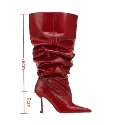 European and American Autumn and Winter High-heeled Knee Length Pleated Boots, Fashionable Pointed Sleeve, Plus Size for Women