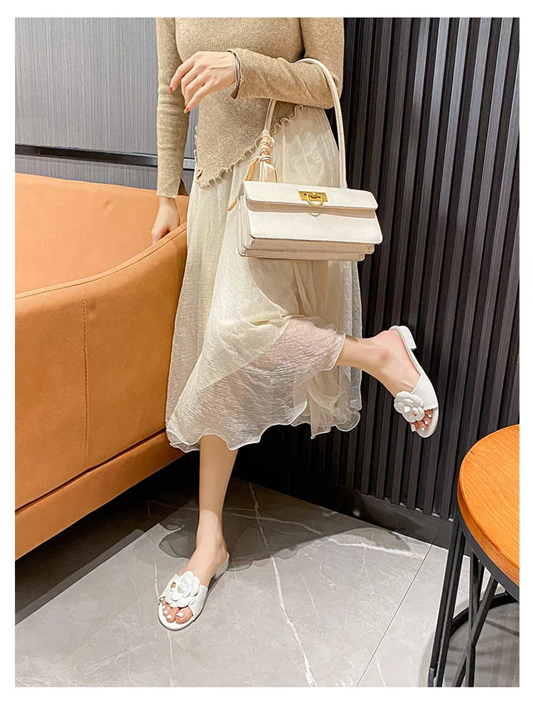 High End Luxury Flower Slippers Women Camellia Shoes Open Toe Slides Femme Outside&Home Pantuflas Sandals Ladies Flip Flops
