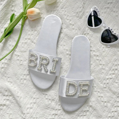 Summer Bride Satin Pearl Slippers Wedding  Comfortable Anti Slip Bride Slippers Bride Wedding Party Accessory Ladies Shoes