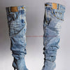 Denim Pants Boots Pointy Toe Pleated Over The Knee Boots for Women Winter 2024 Casual Rivet Pocket Decor Patchwork Luxury Shoes