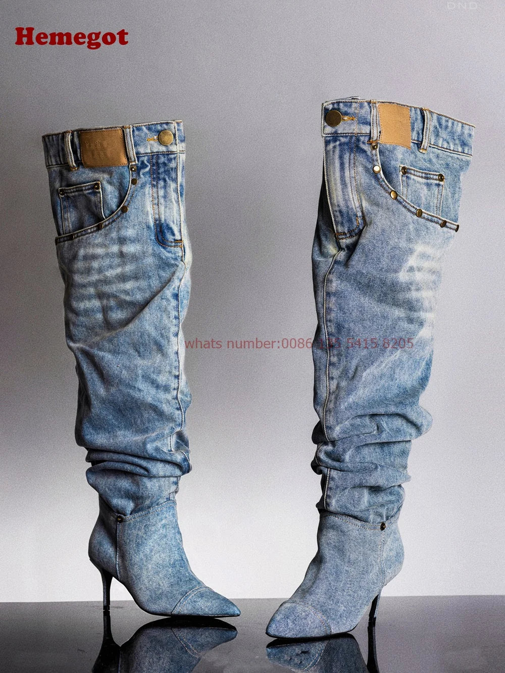 Denim Pants Boots Pointy Toe Pleated Over The Knee Boots for Women Winter 2024 Casual Rivet Pocket Decor Patchwork Luxury Shoes