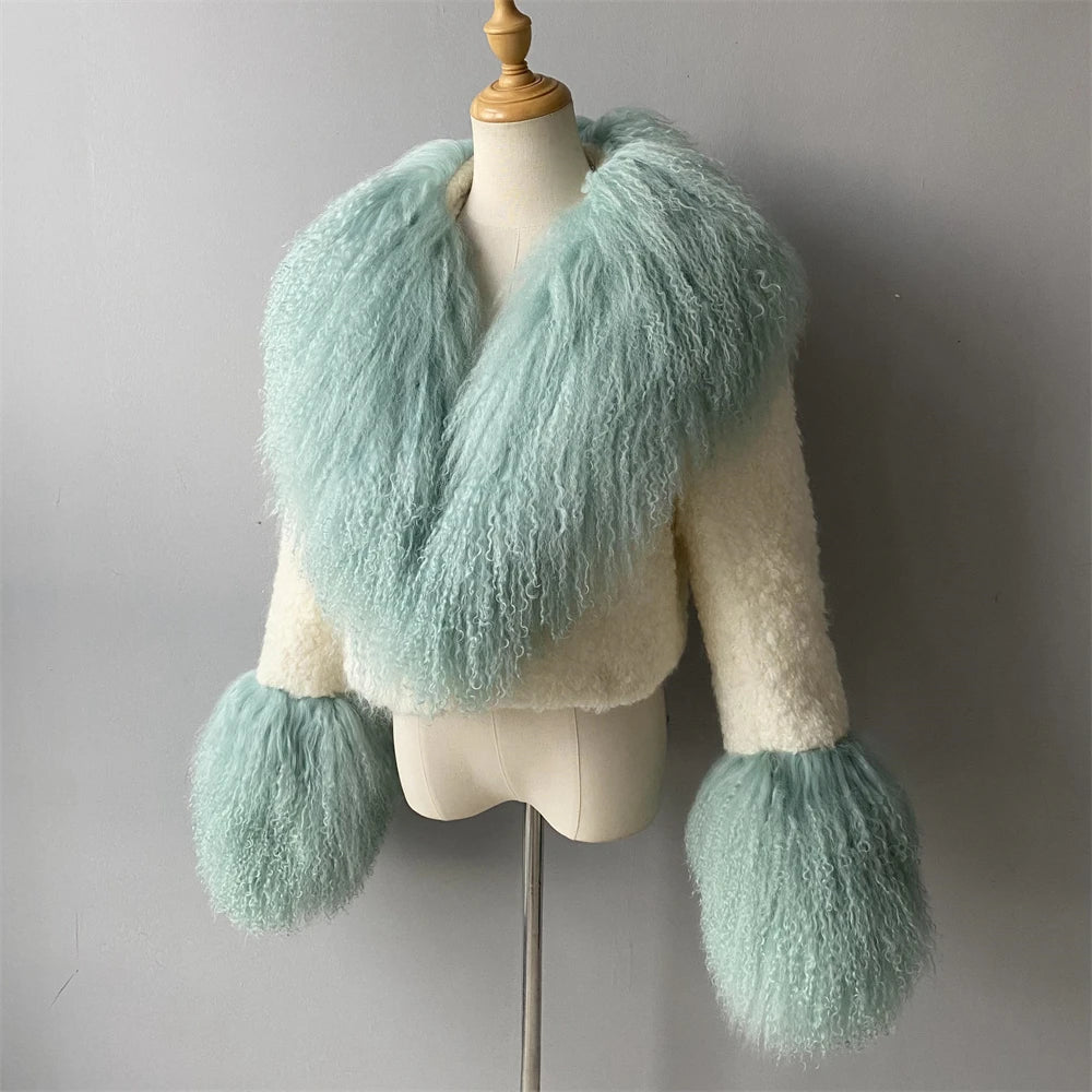 Jxwatcher Wool Coat for Women Real Mongolian Fur Collar Cuffs Winter Fashion Solid Color Tweed Cropped Jacket Fall New Arrival