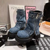 Denim Women Boots for Cowboy Mid-calf Boots Zipper Ladies Platform Boots Mid Heels Designer Shoes 2024 Motorcycle Boot Zapatos