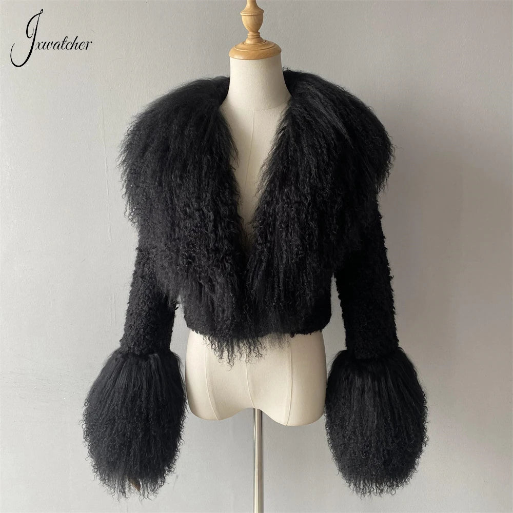 Jxwatcher Wool Coat for Women Real Mongolian Fur Collar Cuffs Winter Fashion Solid Color Tweed Cropped Jacket Fall New Arrival