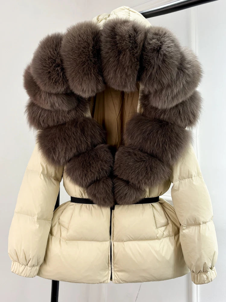 Real Fox Fur Puffer Hooded Coat. Thick Warm Waterptoof