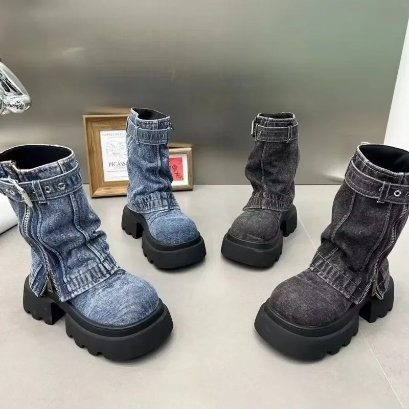 Denim Women Boots for Cowboy Mid-calf Boots Zipper Ladies Platform Boots Mid Heels Designer Shoes 2024 Motorcycle Boot Zapatos