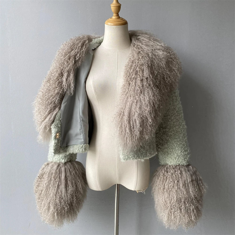 Jxwatcher Wool Coat for Women Real Mongolian Fur Collar Cuffs Winter Fashion Solid Color Tweed Cropped Jacket Fall New Arrival