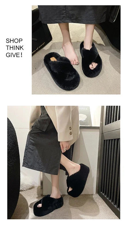 Woman Furry Ladies Faux Fur Luxury Fluffy Plush Slipper House Fuzzy Girl Platform Indoor Flat Casual sandals Round Toe Winter