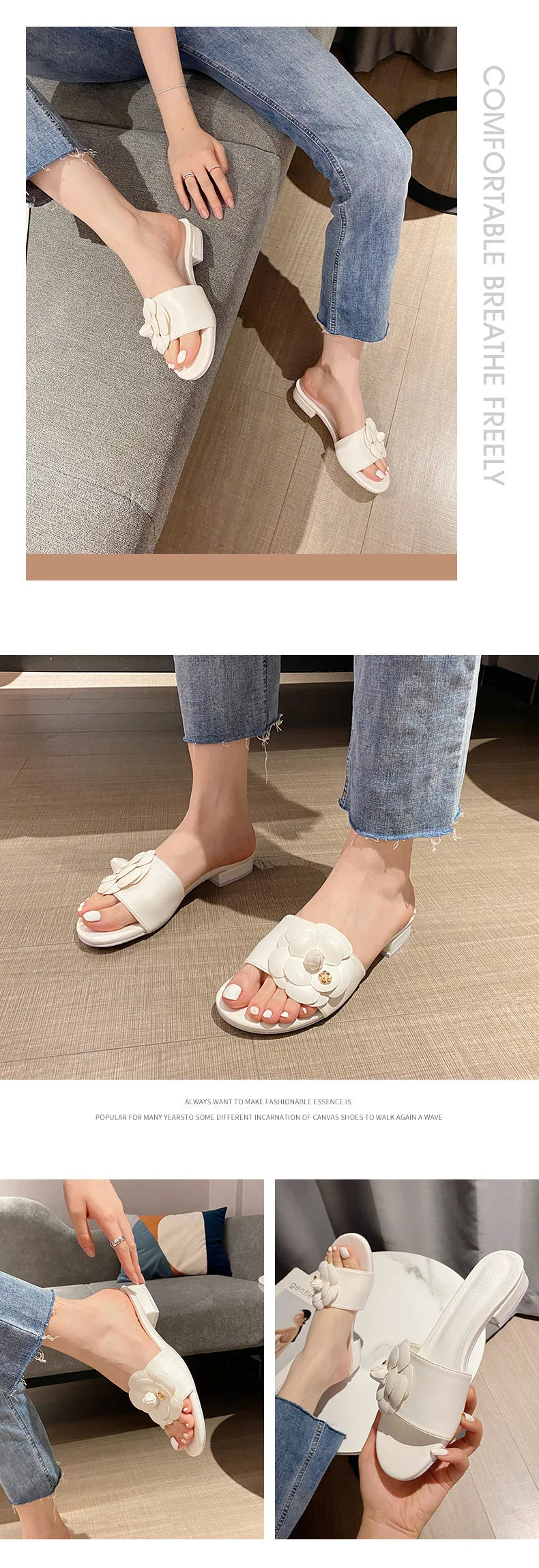 High End Luxury Flower Slippers Women Camellia Shoes Open Toe Slides Femme Outside&Home Pantuflas Sandals Ladies Flip Flops