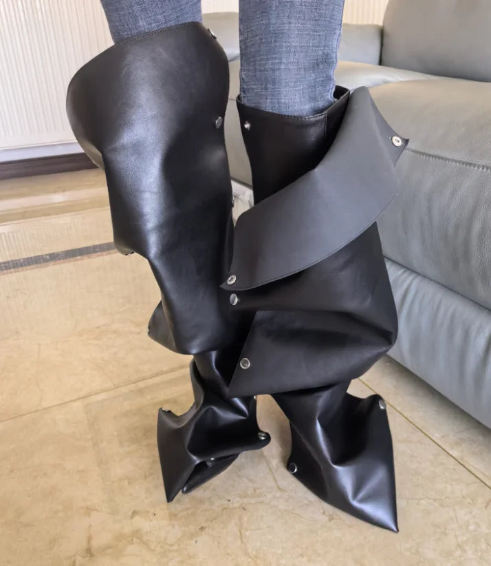 High Heel Long Boots for Women Botte Winter Boots Shoes Botas Mujer Thin Heeled Pointed Denim Metal Button Shoe Zapatos De Mujer