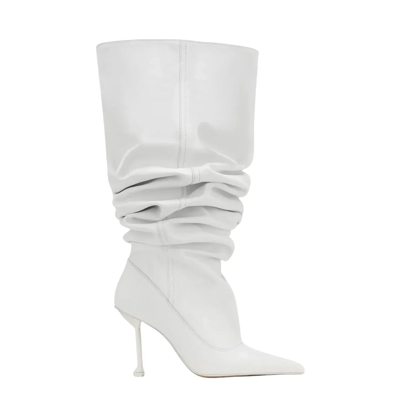 European and American Autumn and Winter High-heeled Knee Length Pleated Boots, Fashionable Pointed Sleeve, Plus Size for Women