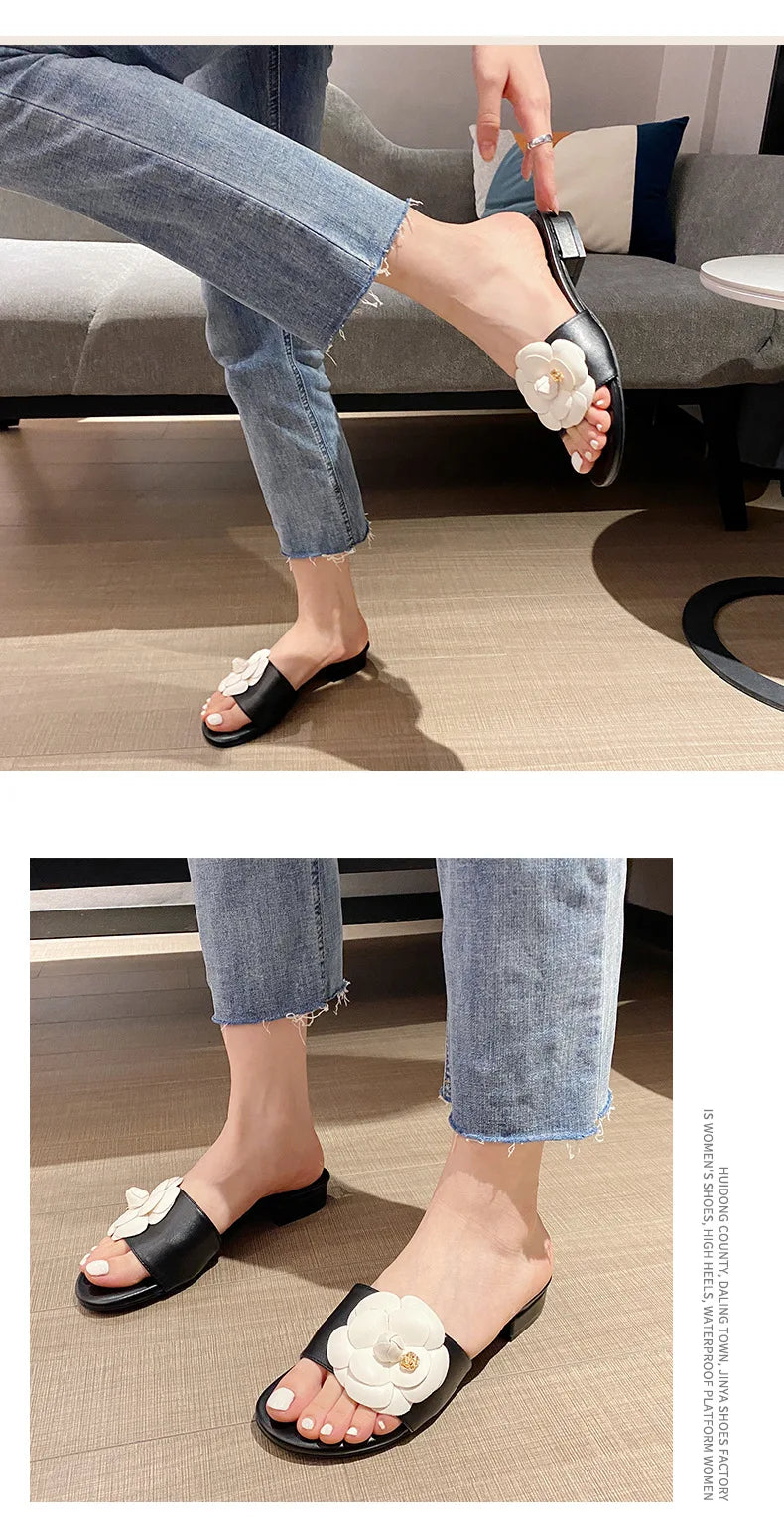 High End Luxury Flower Slippers Women Camellia Shoes Open Toe Slides Femme Outside&Home Pantuflas Sandals Ladies Flip Flops