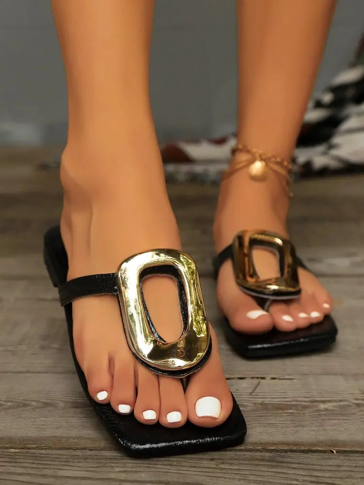 Wine Red Fashion Metal Footwear Women Slippers Flip Flops Summer Beach Female Slides Slippers Luxury Ladies Flats Sandals Shoes