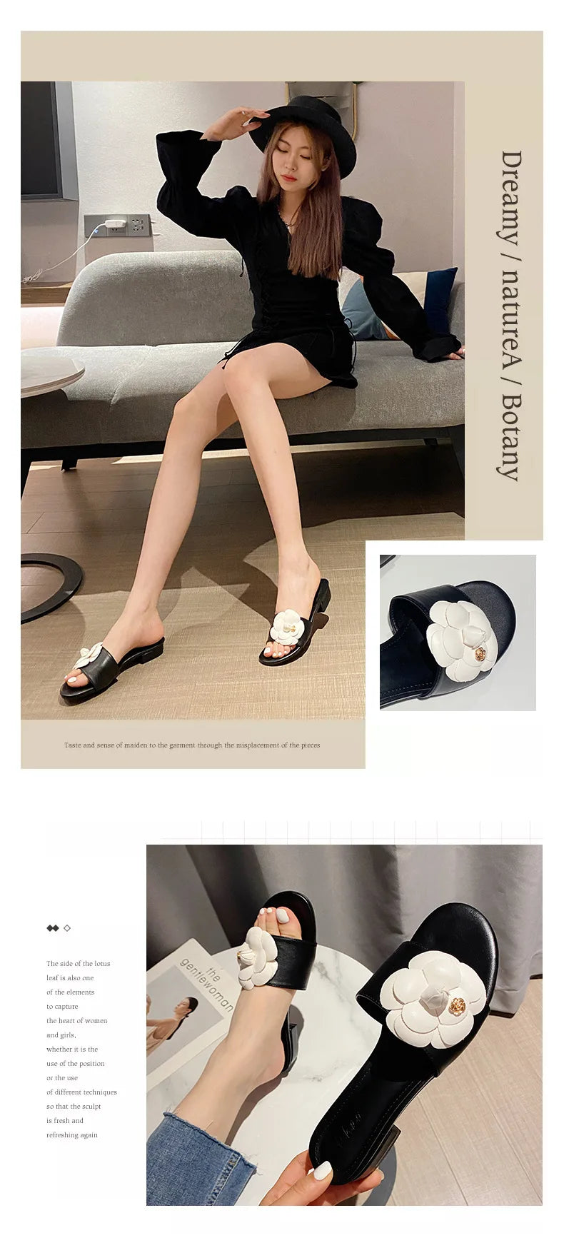 High End Luxury Flower Slippers Women Camellia Shoes Open Toe Slides Femme Outside&Home Pantuflas Sandals Ladies Flip Flops