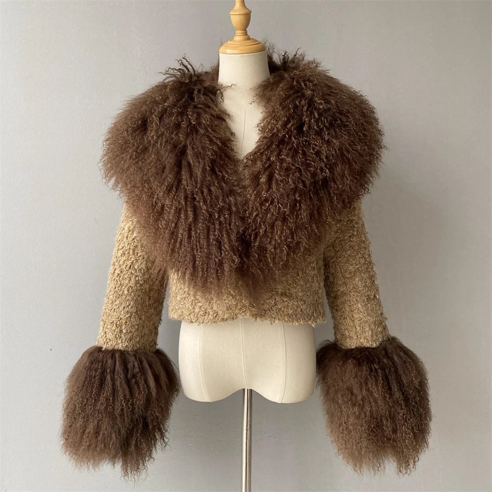 Jxwatcher Wool Coat for Women Real Mongolian Fur Collar Cuffs Winter Fashion Solid Color Tweed Cropped Jacket Fall New Arrival