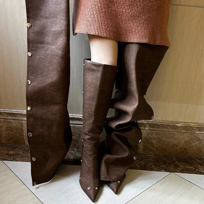 High Heel Long Boots for Women Botte Winter Boots Shoes Botas Mujer Thin Heeled Pointed Denim Metal Button Shoe Zapatos De Mujer
