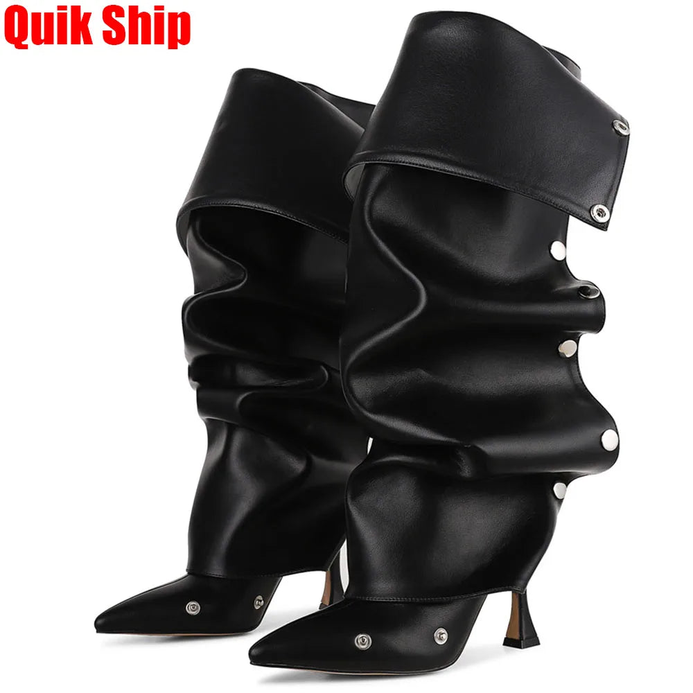 GIGIFOX Knee High Fold Over Boots For Women Stiletto High Heels Pointed Toe Back Zipper Shoes Adjustable Buckle Mid-calf Boots