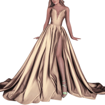 Gold Evening Dress Satin Sleeveless Off The Shoulder Split Bridal Ball Gowns