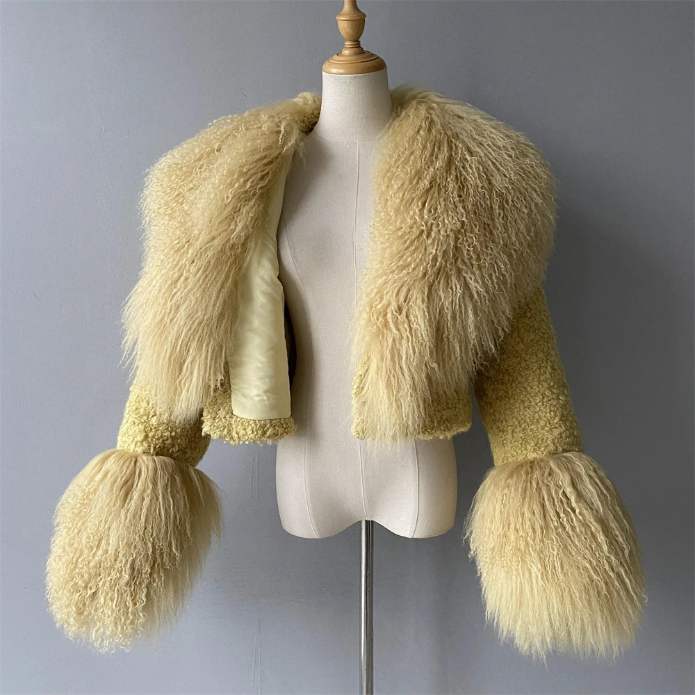 Jxwatcher Wool Coat for Women Real Mongolian Fur Collar Cuffs Winter Fashion Solid Color Tweed Cropped Jacket Fall New Arrival
